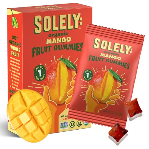 SOLELY - Organic Mango Whole Fruit Gummies (Pack of 1 Box, 5 Bags per Box) - Real Fresh Fruit - Healthy Snacks for Adults & Kids - Non GMO, Vegan Sna