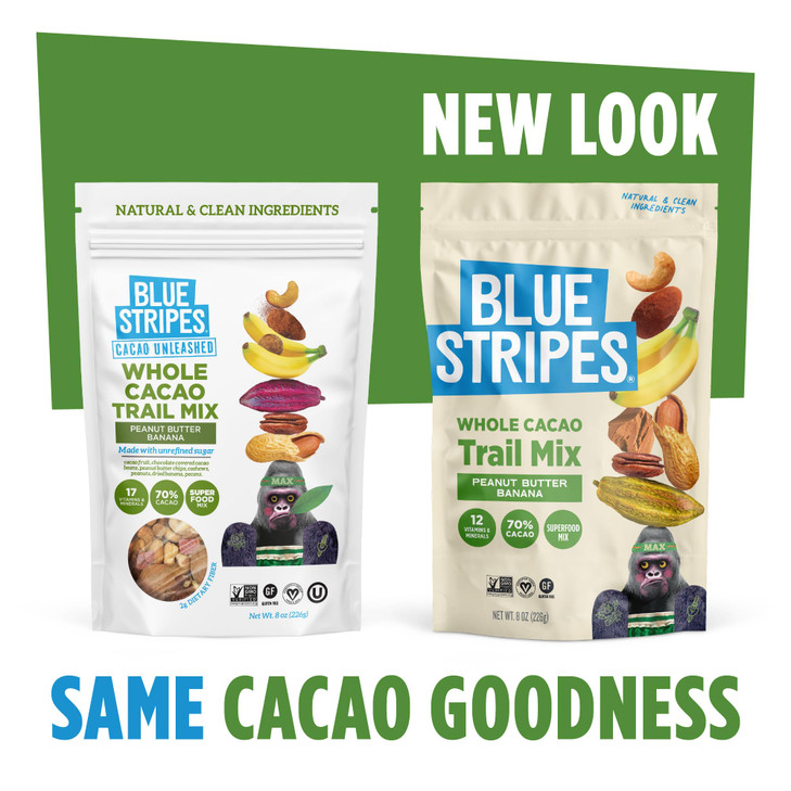 Blue Stripes - Trail Mix, Peanut Butter Banana, Cashews, Peanut Butter Chips, Healthy Snacks for Adults, Whole 70% Cacao, With Unrefined Sugar, Non G