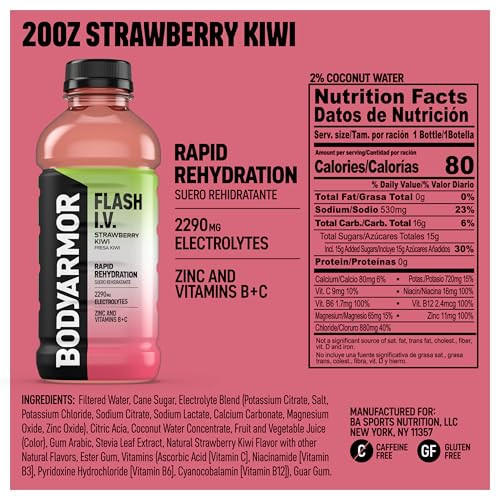 BODYARMOR Flash I.V. Electrolyte Beverage, Strawberry Kiwi, Hydration Drink with Coconut Water For Rapid Rehydration, Post Workout Recovery, 20 Fl Oz