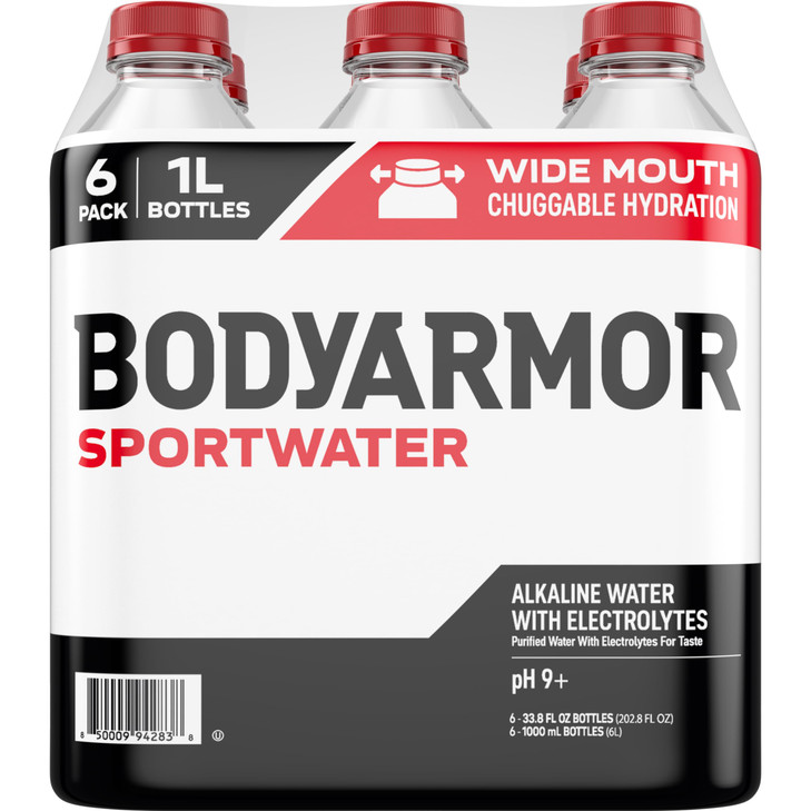 BODYARMOR SportWater Alkaline Water, High Alkaline Bottled Water, pH 9+, 1 Liter (6 Pack), Refreshing Electrolyte Water Pack, Wide Mouth Bottle