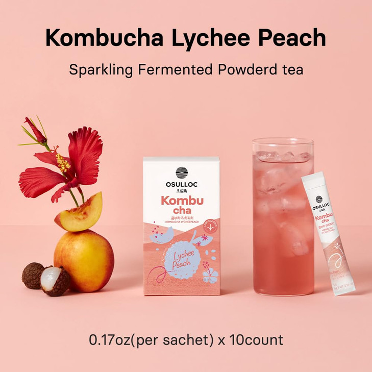 OSULLOC Kombucha Tea LycheePeach (Lychee & Peach Blending), Sparkling Powdered Mix Beverage, No added sugar, 10 Sticks, 1.76oz