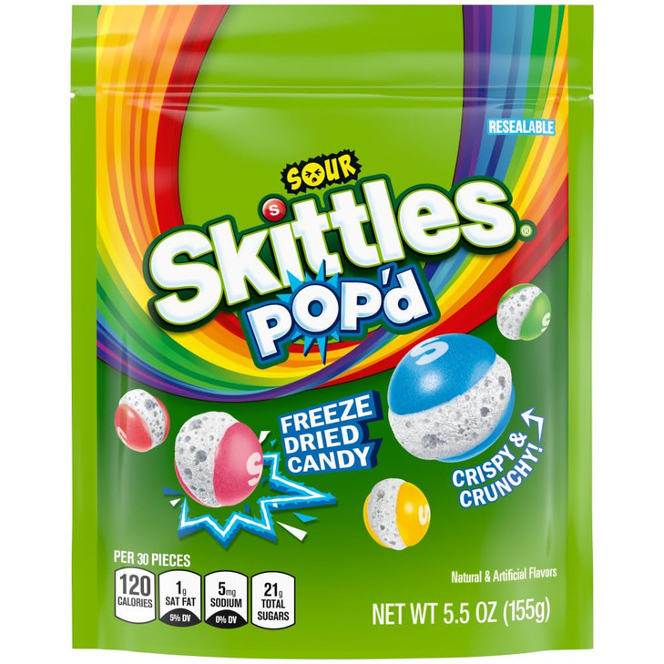 SKITTLES POP'd Sour Freeze Dried Candy Assortment, 5.5 Oz Resealable Bag