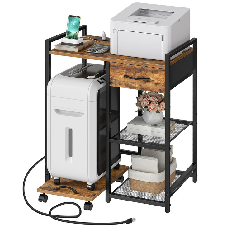 HOOBRO Printer Stand with Charging Station, Printer Shredder Stand with Fabric Drawer, Table for Fax Machine, Printer Storage Office Organizer, for H