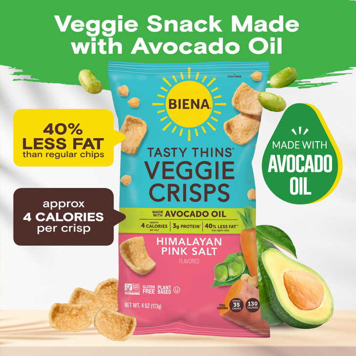 BIENA Tasty Thins Veggie Crisps - Made with Avocado Oil - Low Calorie Veggie Chips for Adults and Kids - 4-Pack, 4 Ounce Bags - Himalayan Pink Salt