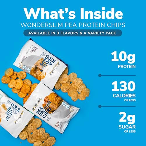 Wonderslim Pea Protein Chips, Salt & Vinegar | 10g Plant Protein, 120 Calories | Low Carb, Low Sugar, Vegan Options | Healthy Chips, Smart Snacking M