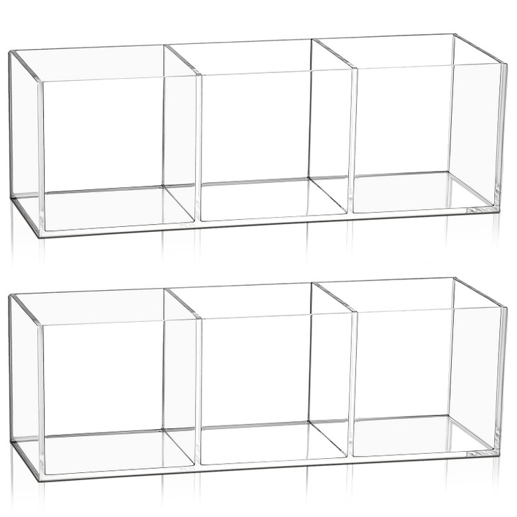 Epakh 2 Pieces Acrylic Cube Organizer 3 Compartments Clear Acrylic Pencil Holder Makeup Brush Drawer Organizer for Desk, Office, Vanity