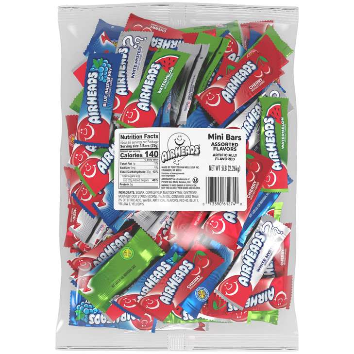 Airheads Mini Candy Bars, Taffy Variety Pack, Individually Wrapped Bulk Candy, Six Assorted Fruit Flavors Artificially Flavored, 5 Pound Bag