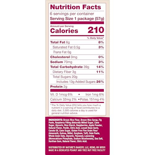 Natures Bakery Gluten Free Fig Bars, Raspberry, Real Fruit, Vegan, Non-GMO, Snack Bar, 1 box with 6 twin packs (6 twin packs)