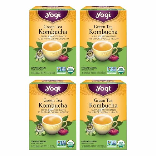 Yogi Tea Green Kombucha Tea - 16 Bags per Pack (4 Packs) - Organic - With Kombucha to Support Overall Health - Includes Lemongrass, Spearmint Leaf &