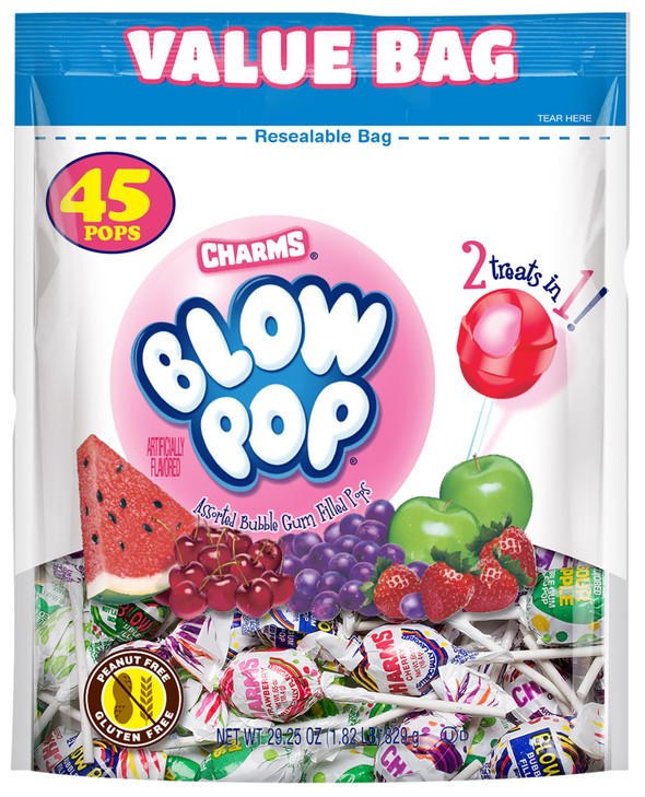 Charms Blow Pop Lollipops - Individually Wrapped Dual Candy and Gum Suckers - Peanut Free, Gluten Free - Bulk Treat for Kids and Adults - Assorted Fl