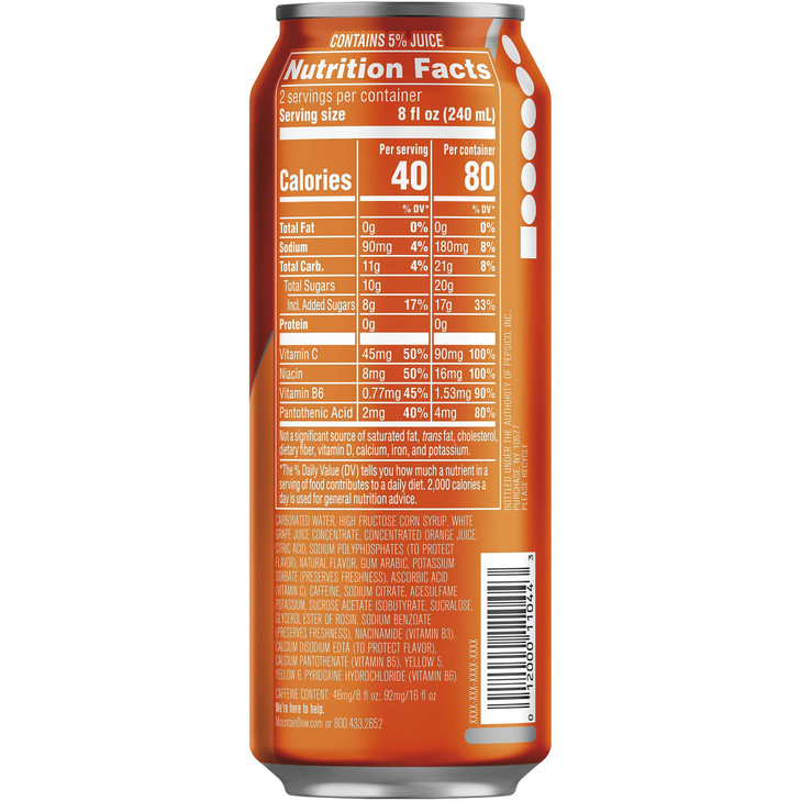 Mountain Dew Kickstart, Orange Citrus, 92mg Caffeine, Vitamins B & C, 80 Calories, 5% Juice, 16 Fl Oz (Pack of 12)
