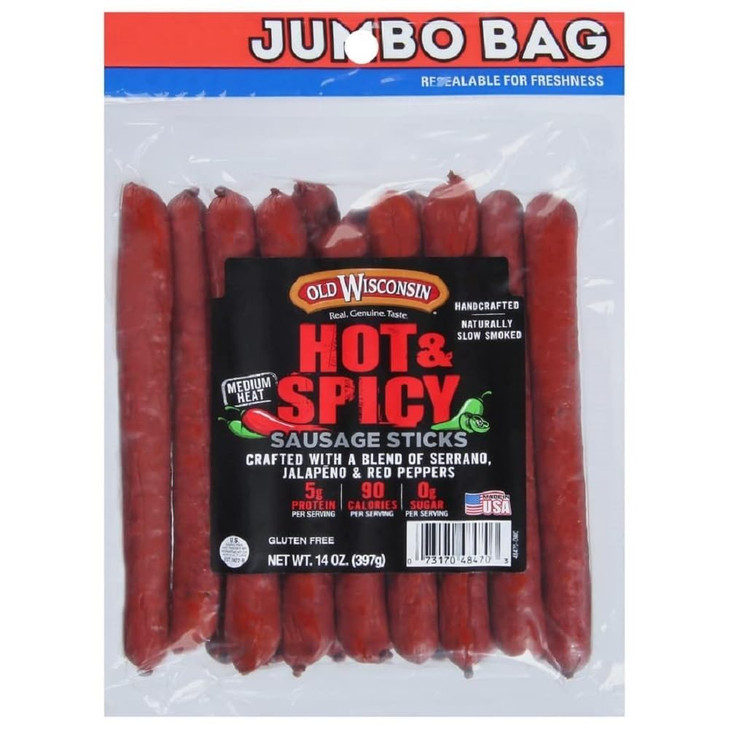 Old Wisconsin Hot & Spicy Twisted Link Sausage Snack Sticks, 14oz Resealable Package, Naturally Smoked, Ready to Eat, High Protein, Low Carb, Keto, G