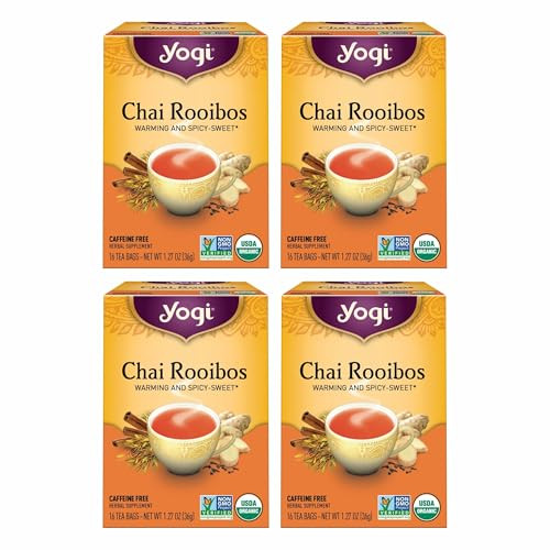Yogi Tea Chai Rooibos Tea - 16 Tea Bags per Pack (4 Packs) - Spiced Organic Rooibos Tea - Provides Antioxidants - Caffeine-Free - Includes Cardamom,