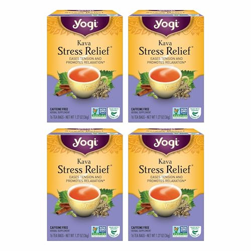Yogi Tea Kava Stress Relief Tea - 16 Tea Bags per Pack (4 Packs) - Made with Organic, Caffeine-Free Relaxing Tea - Includes Carob Pod, Indian Sarsapa