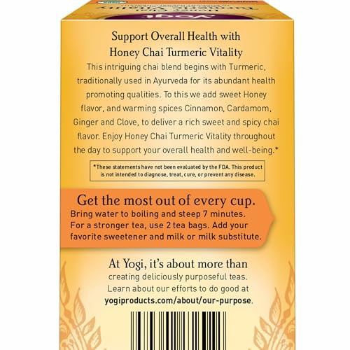 Yogi Tea Honey Chai Turmeric Vitality Tea - 16 Tea Bags per Pack (4 Packs) - Organic Tea to Support Overall Health - Includes Cinnamon Bark, Turmeric