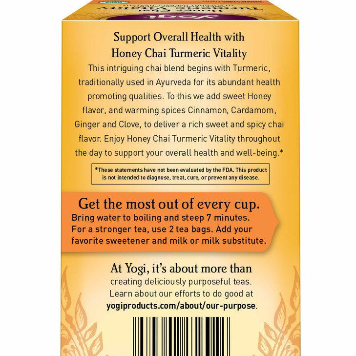 Yogi Tea Honey Chai Turmeric Vitality Tea - 16 Tea Bags per Pack (6 Packs) - Organic Tea to Support Overall Health - Includes Cinnamon Bark, Turmeric