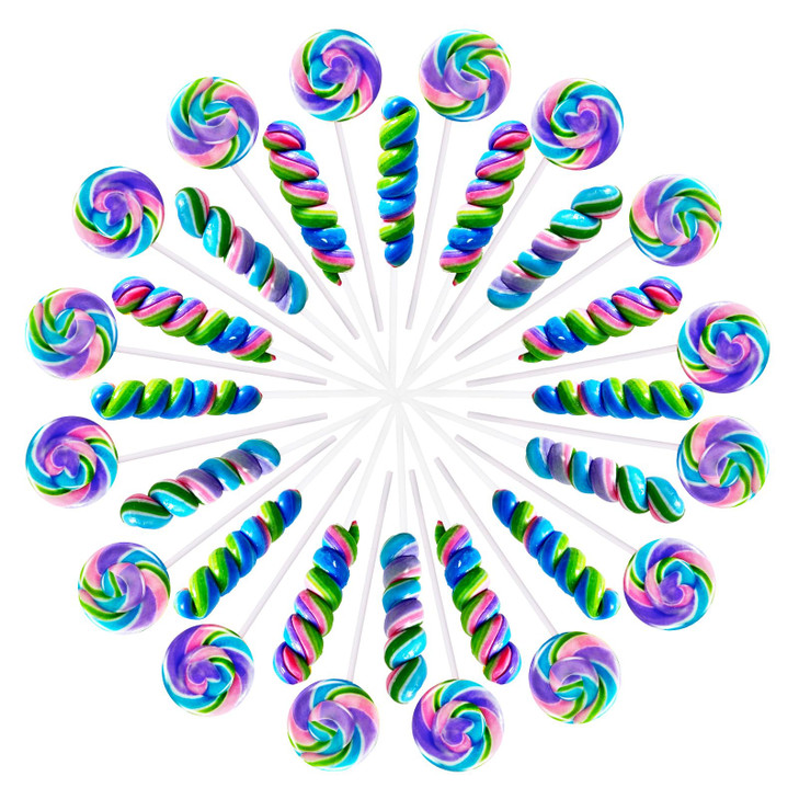 Rainbow Twisty & Swirl Lollipops 32pk (16 swirl &16 twist) Blueberry, Mermaid Lollipop Candy Individually Wrapped Bulk, Unicorn Candy Swirl Lollipops