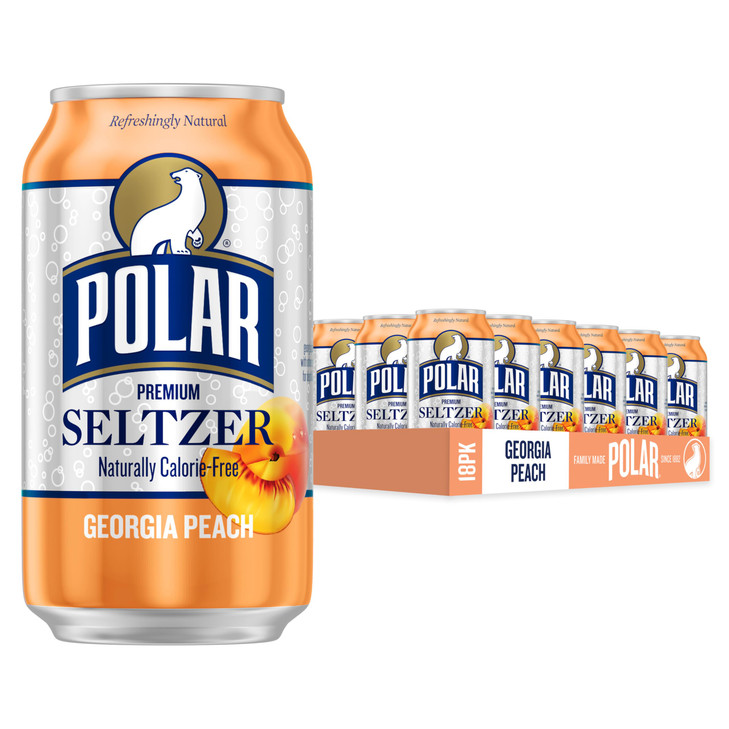 Polar Seltzer Water Georgia Peach, 12 fl oz cans, 18 pack