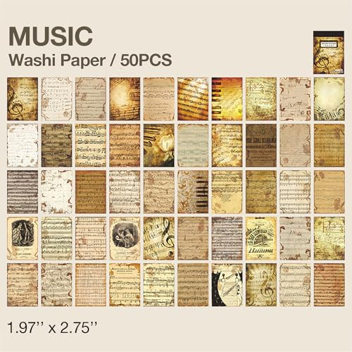 Doraking Vintage Music Washi Paper Stickers Scrapbook Supplies Pack (50 Pieces) for Junk Journal Bullet Journals Planners Craft Kits Aesthetic Cottag
