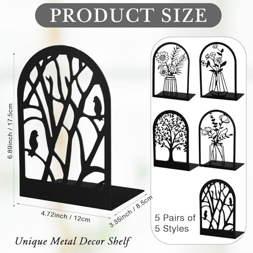 Faccito 5 Pairs Book Ends, Black Metal Bookends for Shelves Decorative, Non Skid Tree Stopper and Flower Book Stoppers Holder for Home Office School