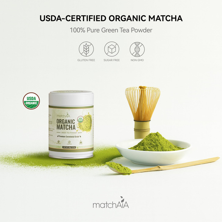 MatchAiA Organic Ceremonial Matcha Green Tea Powder - Premium Ceremonial Grade, First Spring Harvest, USDA Certified, 100% Pure - Sugar Free, Gluten