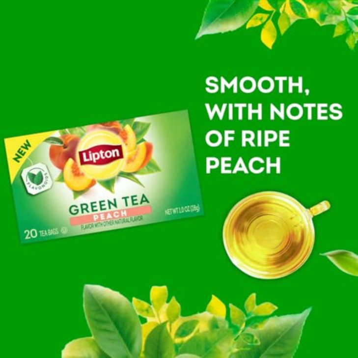 Lipton Peach Green Tea Bags, Flavored, Unsweetened Teabags for Hot Tea or Peach Iced Tea with Caffeine and Flavonoids, 120 Total Tea Bags (20ct - Pac