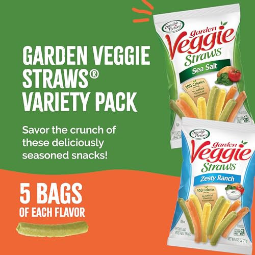 Sensible Portions Veggie Straws Multi-Pack, Sea Salt and Zesty Ranch Flavor, Gluten-Free Chips, Individual Snacks, 0.75 Ounce Bag, 10-Pack