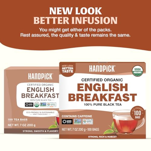 HANDPICK, Organic English Breakfast Black Tea Bags (100 Count) USDA Organic, Non-GMO | Strong, Robust, High-Caffeine Black Tea | Eco-conscious Tea Ba