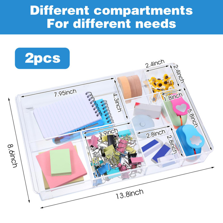Limbeuuu 2Pcs 8-Section Clear Drawer Organizer, Large Acrylic Drawer Divider Tray for Desk,Bathroom,Office Makeup,Junk, Plastic Drawers Organizer 13.