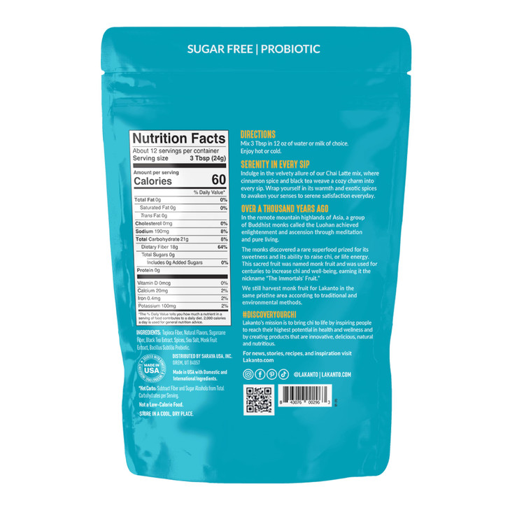 Lakanto Sugar Free Chai Latte Drink Mix - Monk Fruit Sweetened, Cold or Hot Chai Tea, Vegan, Probiotics, Rich Flavor, Chai Spices, Keto Diet Friendly