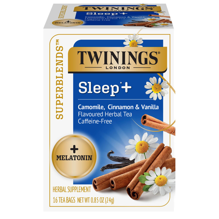 Twinings Superblends Sleep+ Herbal Tea with 1mg Melatonin Camomile, Cinnamon & Vanilla, Naturally Caffeine-Free, 16 Tea Bags (Pack of 1), Enjoy Hot o