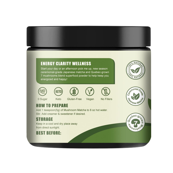 Grelim Mushroom Matcha Infused With 7 Superfood Mushrooms, MCT Oil, Coconut Milk Powder - Great Tasting Matcha Latte 3.52 Oz