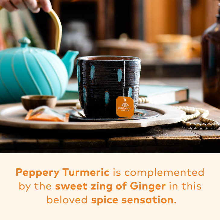 ORGANIC INDIA Tulsi Turmeric Ginger Tea Bags- Herbal Tea, Ginger Turmeric Tea, Immune Support, Aids Digestion, Caffeine-Free- 18 Infusion Bags, 1 Pac