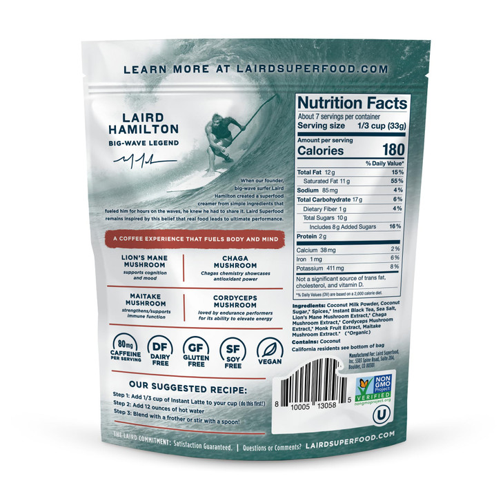 Laird Superfood Chai Instant Latte with Adaptogens - Instant Chai Tea Powder with Superfood Coconut Creamer - Gluten Free, Non-GMO, Vegan, 8 oz. Bag,