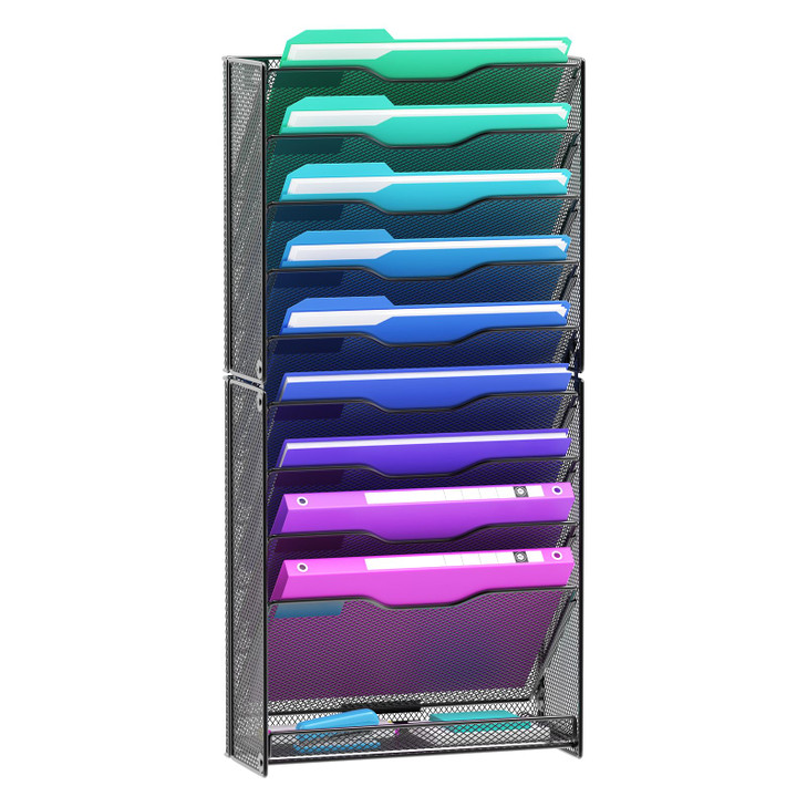 VEESUN 12 Tier Wall File Organizer, Mesh Letter Magazine Mail Wall File Holder Rack Hanging File Organizer With Flat Tray For Office Home, Black