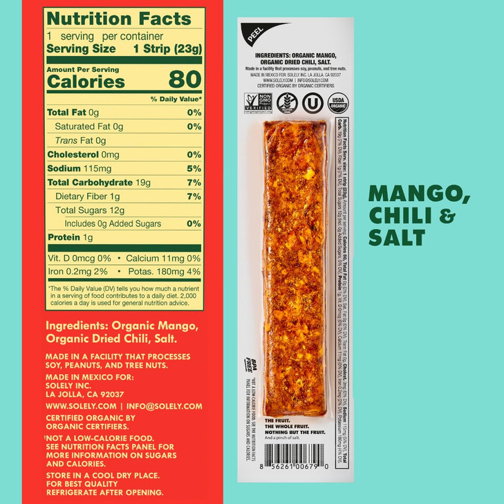 SOLELY - Organic Spicy Mango Chili and Salt Fruit Jerky - 1 Individually Wrapped Fruit Strip - Fruit Leather Made from Dried Fruit - Healthy Snacks f