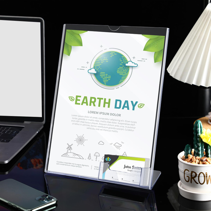 Geyee 8.5 x 11 Acrylic Sign Holder with Business Card Holder Clear Brochure Display Stand with Attached Business Card Pocket Advertisement Printed Ma