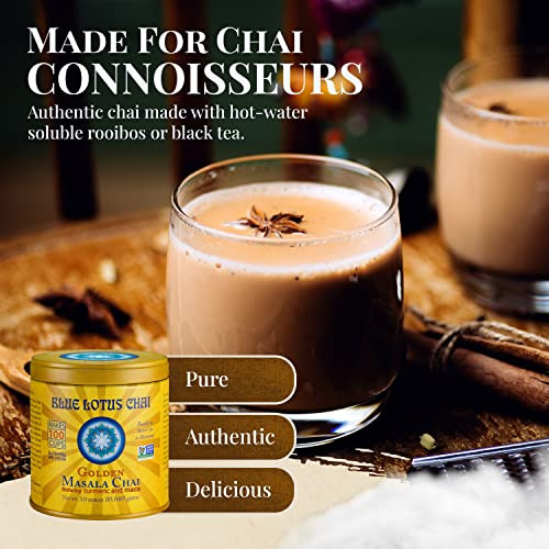 Blue Lotus Chai - Golden Masala Flavor Chai - Makes 100 Cups - 3 Ounce Masala Spiced Chai Powder with Organic Spices - Instant Indian Tea No Steeping