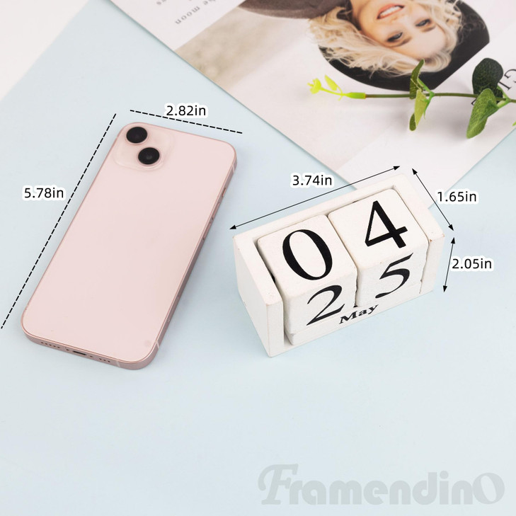 Framendino, White Vintage Wood Rustic Block Chic Perpetual Desktop Wooden Cubes Calendars for Home Office Desk Decoration