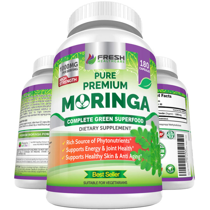 FRESH HEALTHCARE Moringa Capsules  100% Pure Leaf Powder - 180 Pills, Non-GMO - 3 Month Supply - Complete Green Superfood for Energy, Skin, Immune &