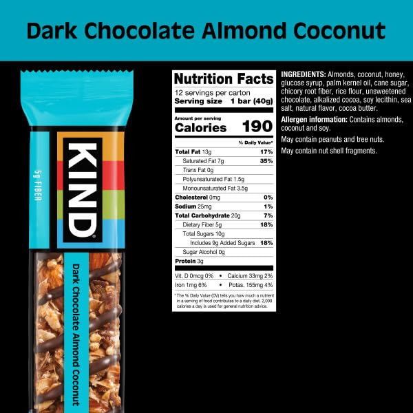 KIND Bars, Dark Chocolate Almond & Coconut, Healthy Snacks, Gluten Free, 12 Count