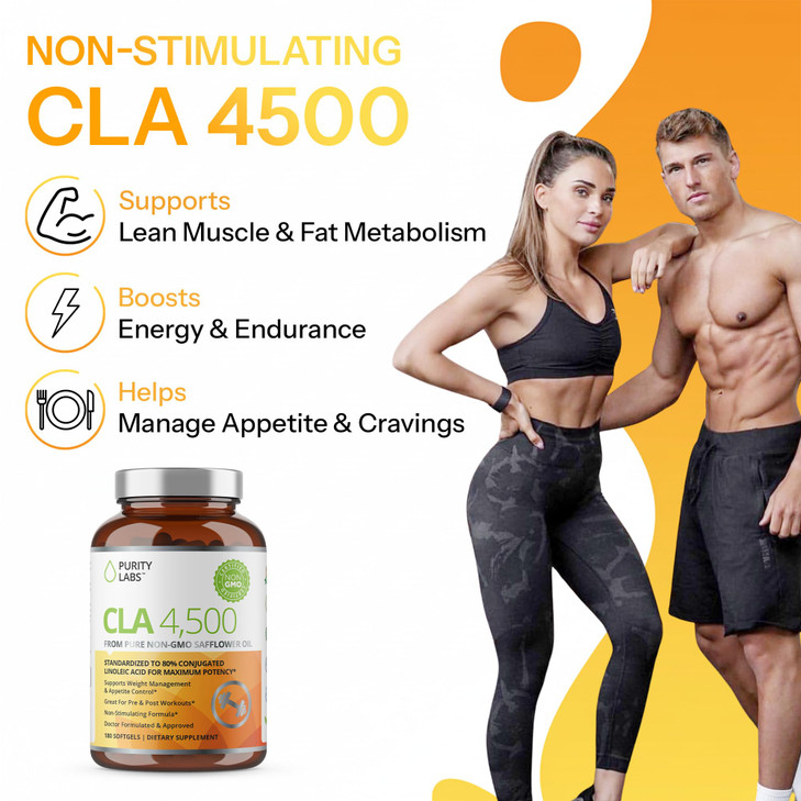 Purity Labs CLA Supplements 4500MG - Non-GMO Safflower Oil - Supports Energy, Weight Loss, Heart Health, and Muscle Health - 180 Soft gels