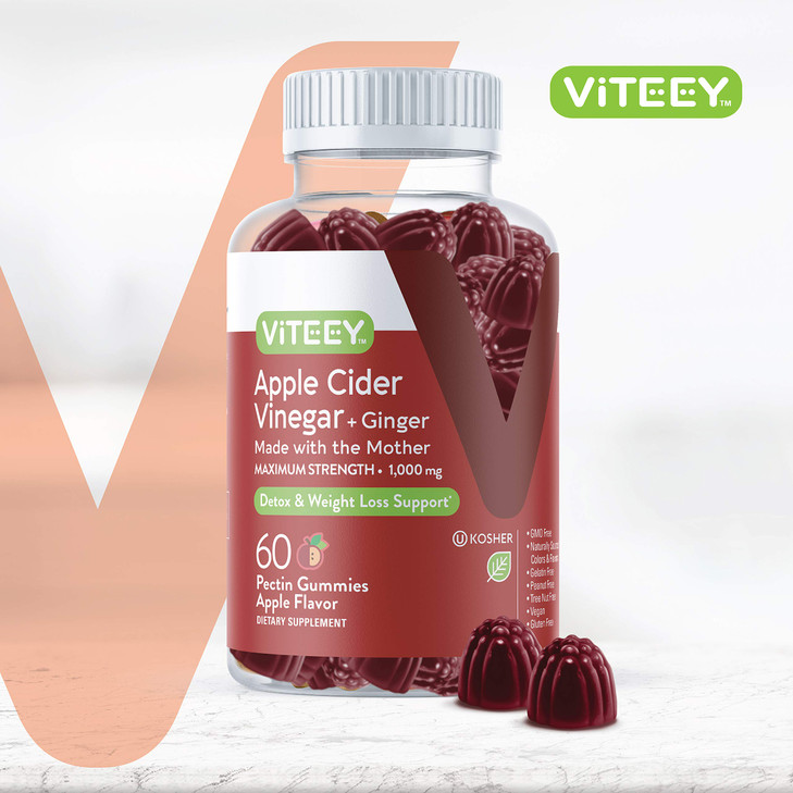 Viteey Apple Cider Vinegar Gummies and Ginger  1000 mg ACV Gummies for Weight Loss, Detox and Digestion  Vegan, Gluten-Free  60 Count