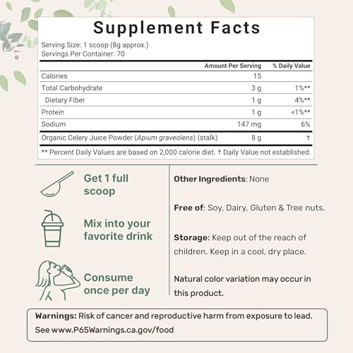 Organic Celery Juice Powder, 20 Ounce (1.25 Pound), 70 Serving, Celery Detox and Cold Pressed, Rich in Immune Vitamin C and Minerals, Vegan