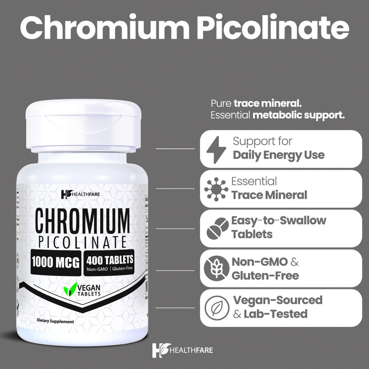 HealthFare Chromium Picolinate 1000mcg | 400 Vegan Tablets | High Absorption Mineral Supplement | Supports Healthy Sugar Metabolism & Nutrient Absorp