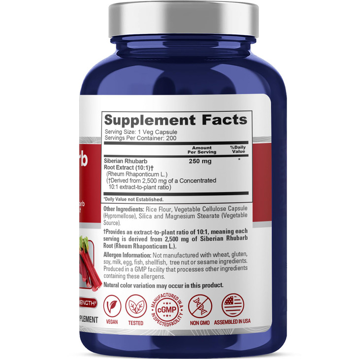 NusaPure Siberian Rhubarb 10:1 Extract, 250 mg Equivalent to 2,500mg - 200 Veggie Capsules (Vegetarian, Non-GMO, Vegan)
