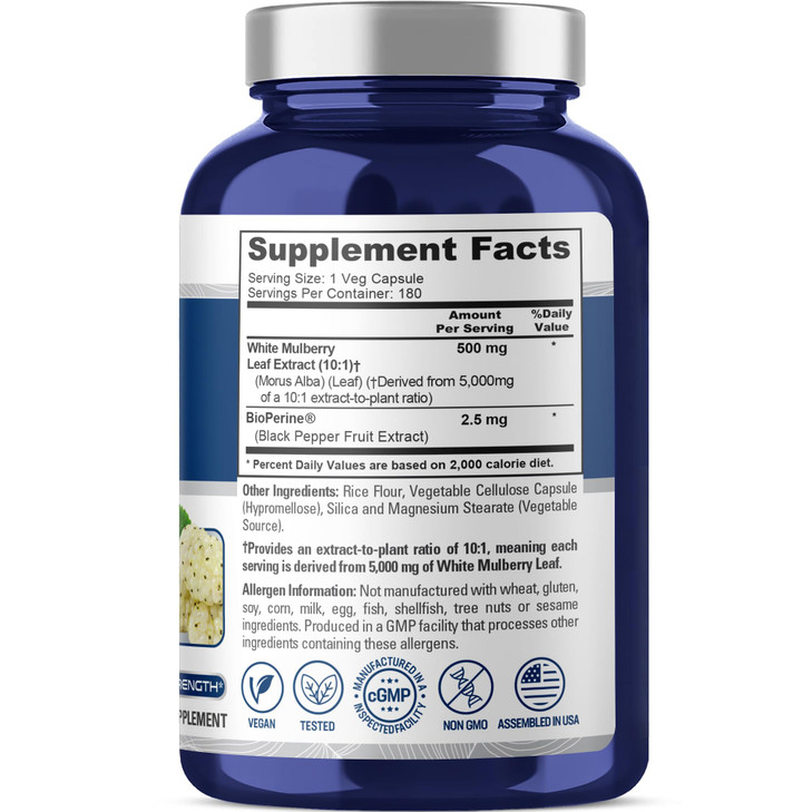 NusaPure White Mulberry Leaf Extract 10:1 Extract, 500 mg Equivalent to 5000mg 180 Veg Caps (Vegan, Non GMO Bioperine)