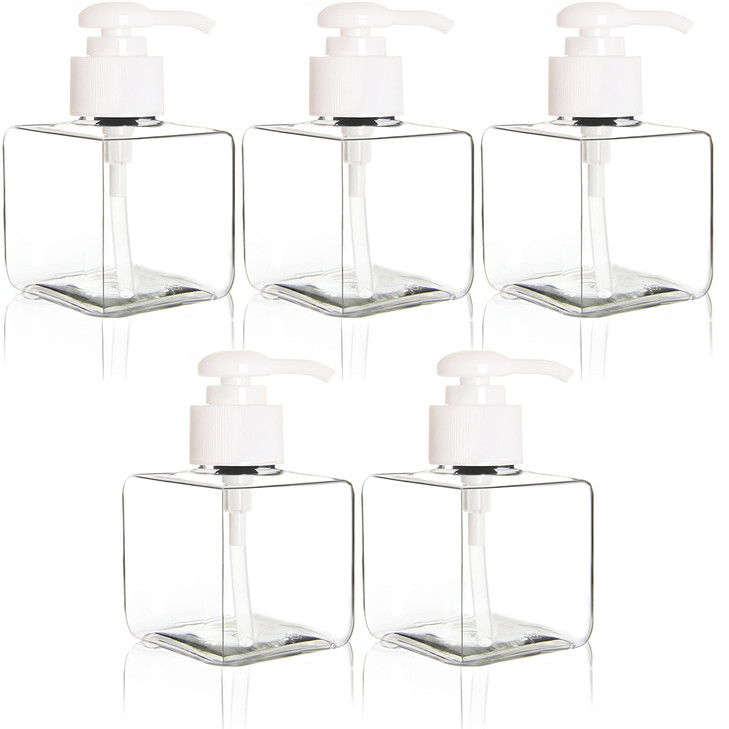 Youngever 5 Pack Clear Plastic Square Pump Bottles, Refillable Plastic Pump Bottles for Dispensing Lotions, Shampoos (8 Ounce)