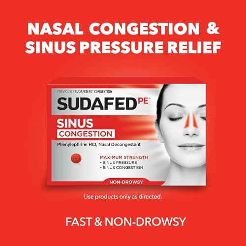 Sudafed PE Sinus Congestion Relief Tablets, Maximum Strength, Non-Drowsy 10 mg Phenylephrine HCI Decongestant for Sinus Pressure & Nasal Congestion R