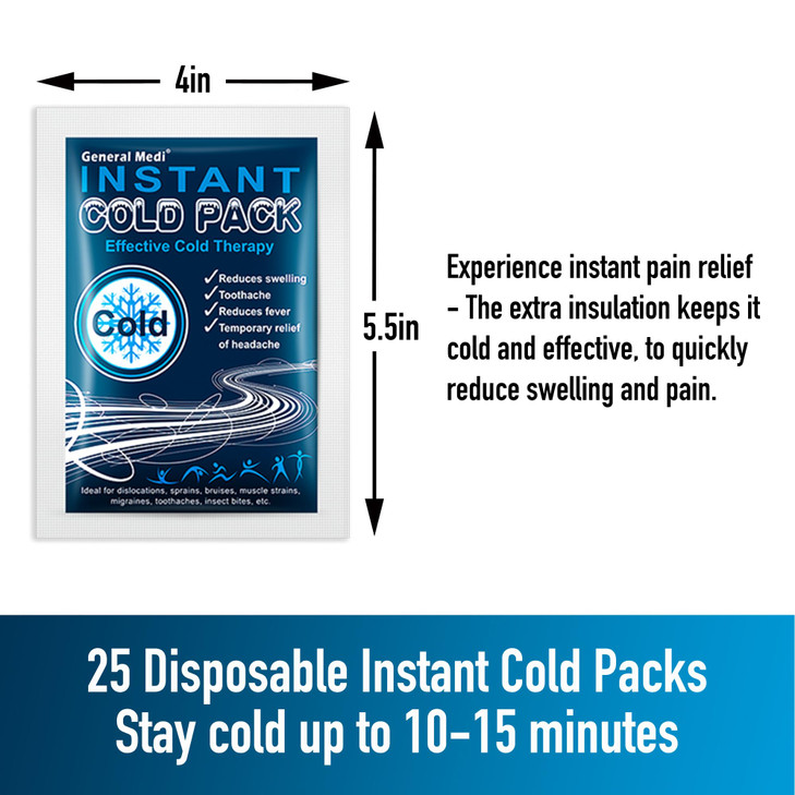 General Medi Instant Ice Cold Pack (4x 5.5)  25 Packs Disposable Cold Therapy Ice Packs for Pain Relief, Swelling, Inflammation, Sprains, Toothach